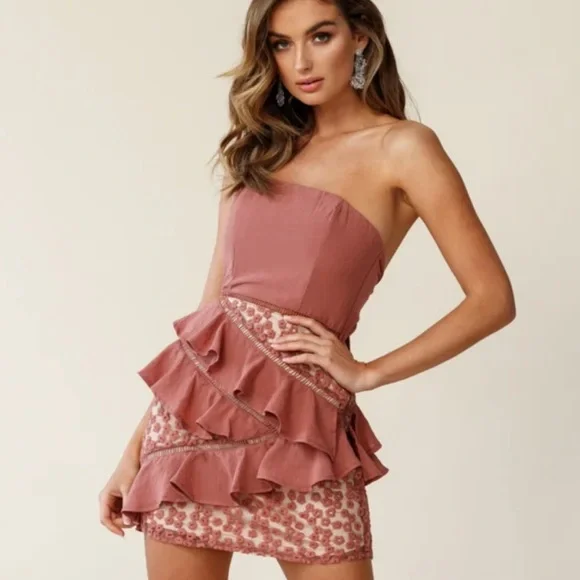 open lace back dress Just Friends Strapless Ruffle Maxi Dress Light Pink